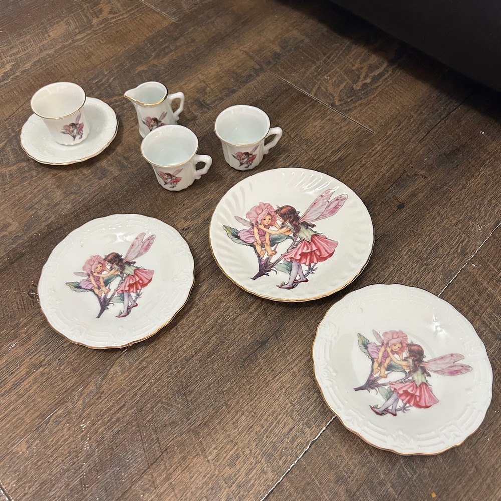 Reutter Porzellan Flower Fairies Miniature Tea Set Rose Fairy Germany 7pc 1998